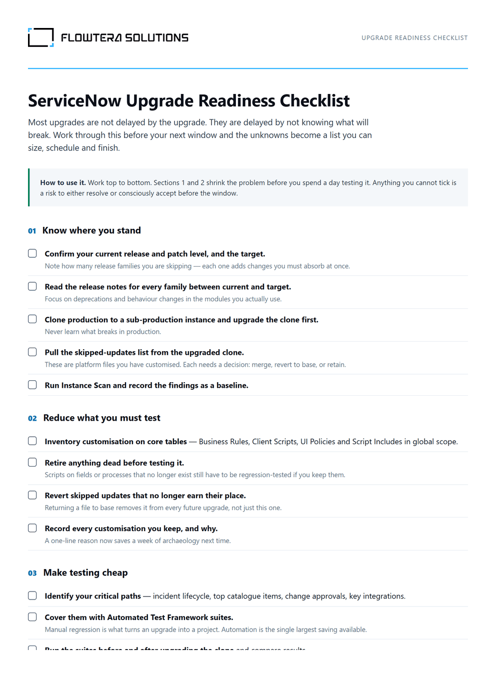 The first page of the ServiceNow Upgrade Readiness Checklist